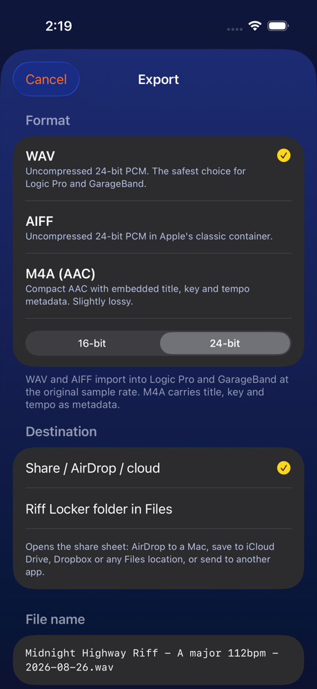 Export sheet with WAV, AIFF and M4A options