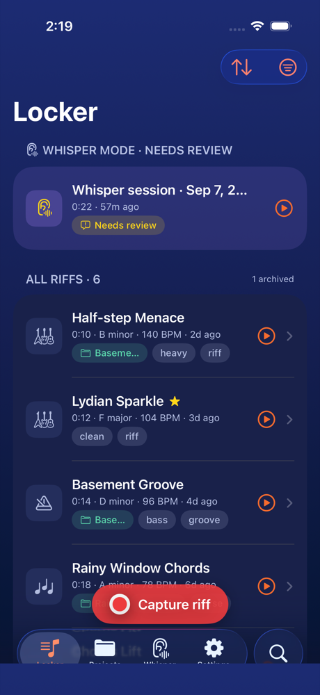 Riff Locker library showing captured riffs with key, tempo and tags