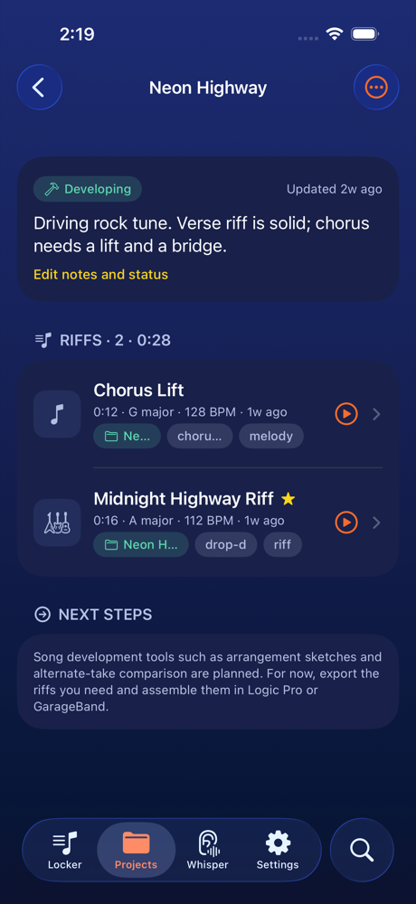 Project detail with riffs grouped into a song