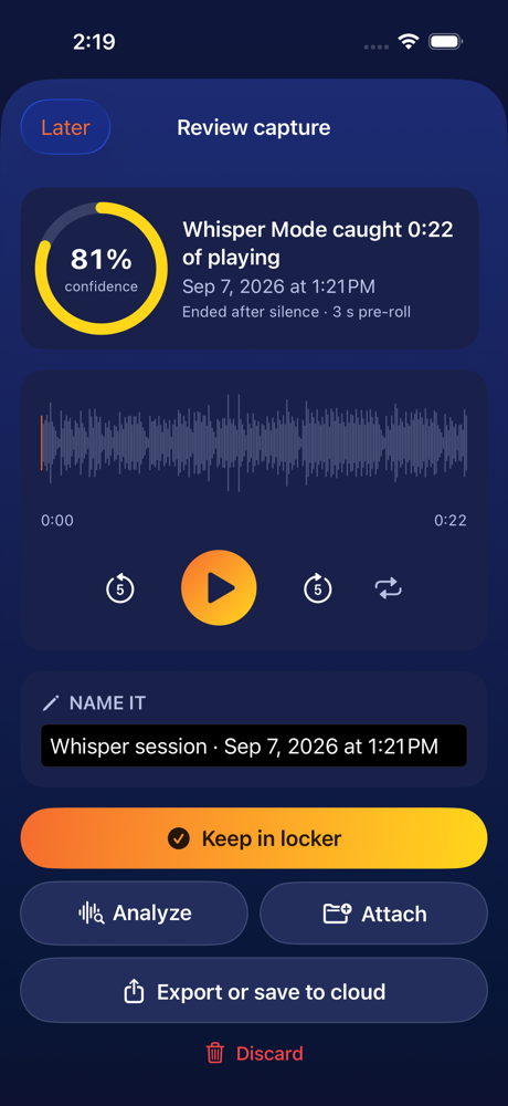 Whisper Mode review sheet with keep, attach, export and discard