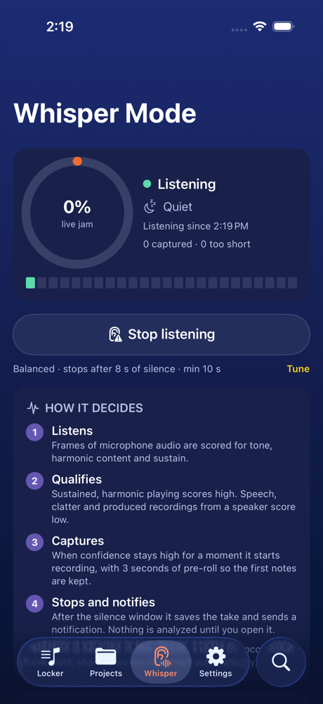 Whisper Mode screen showing the live-jam confidence ring and Listening status